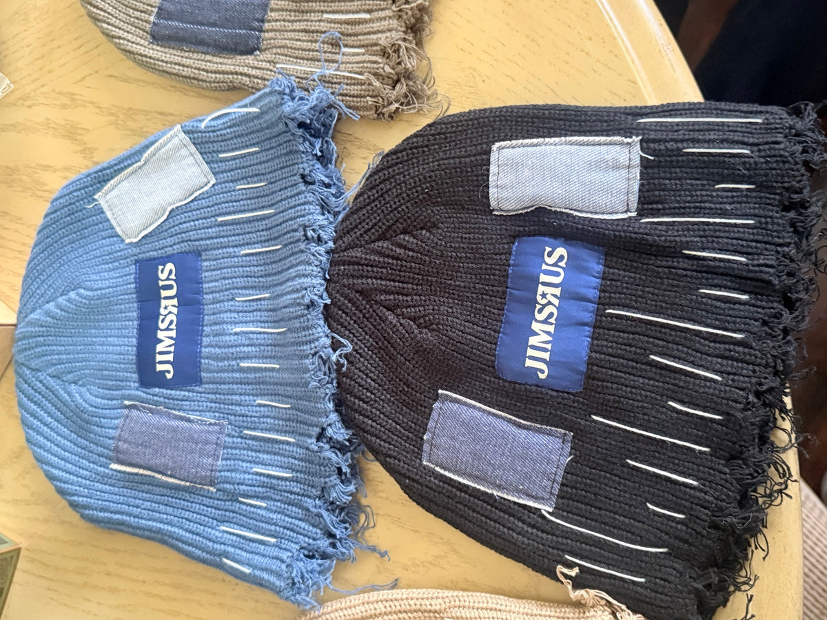 Actual black and blue JIMSRUS reconstructed knit beanies