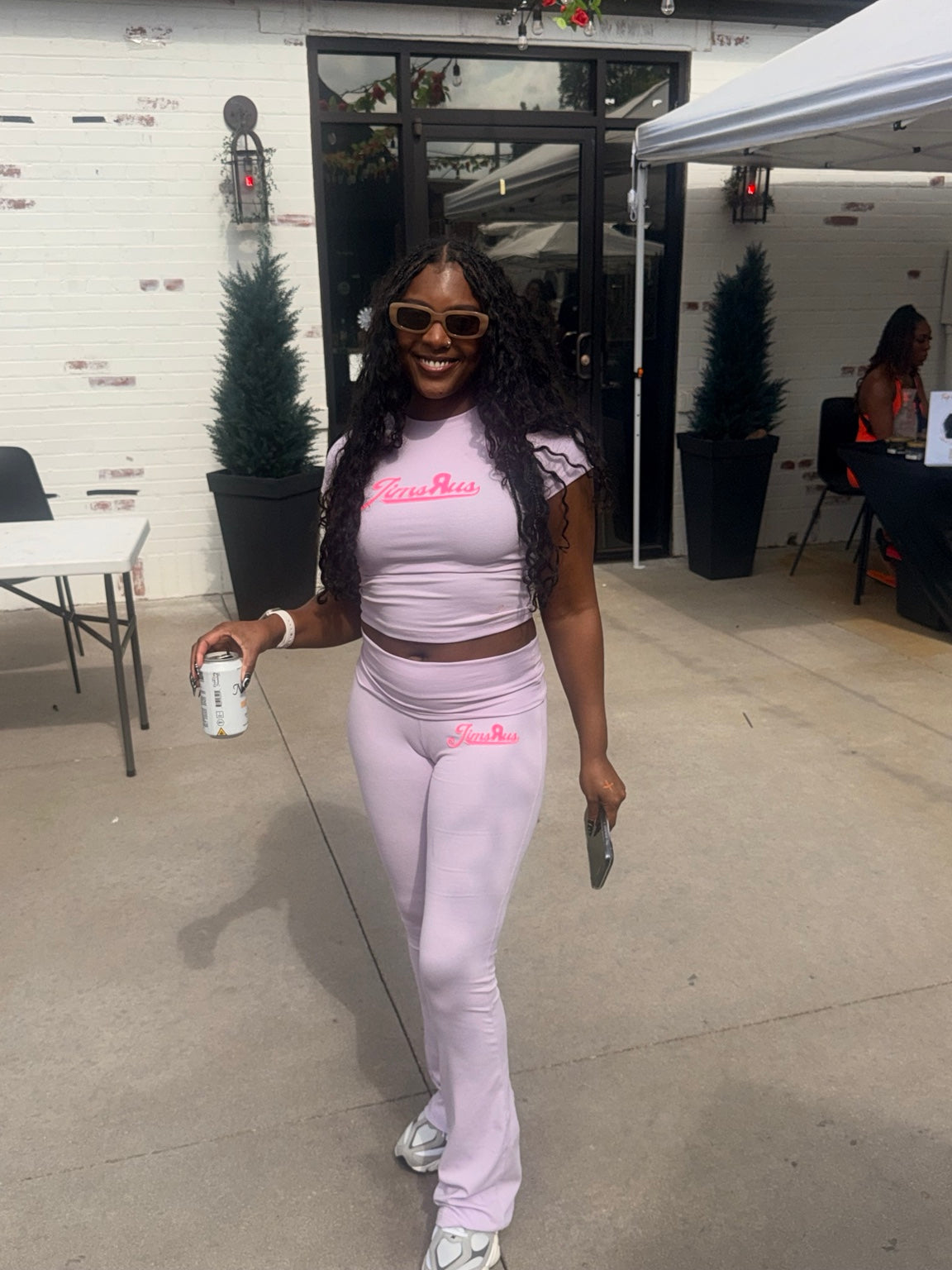 JIMSRUS customer wearing pastel set in lavender